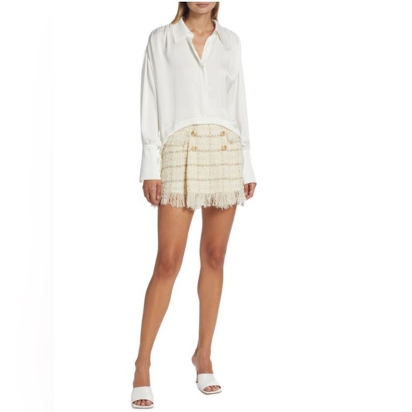 RAMY BROOK Karey Fringe Tweed Miniskirt Sz 4 Ivory Plaid Fringe Preppy - Picture 4 of 10